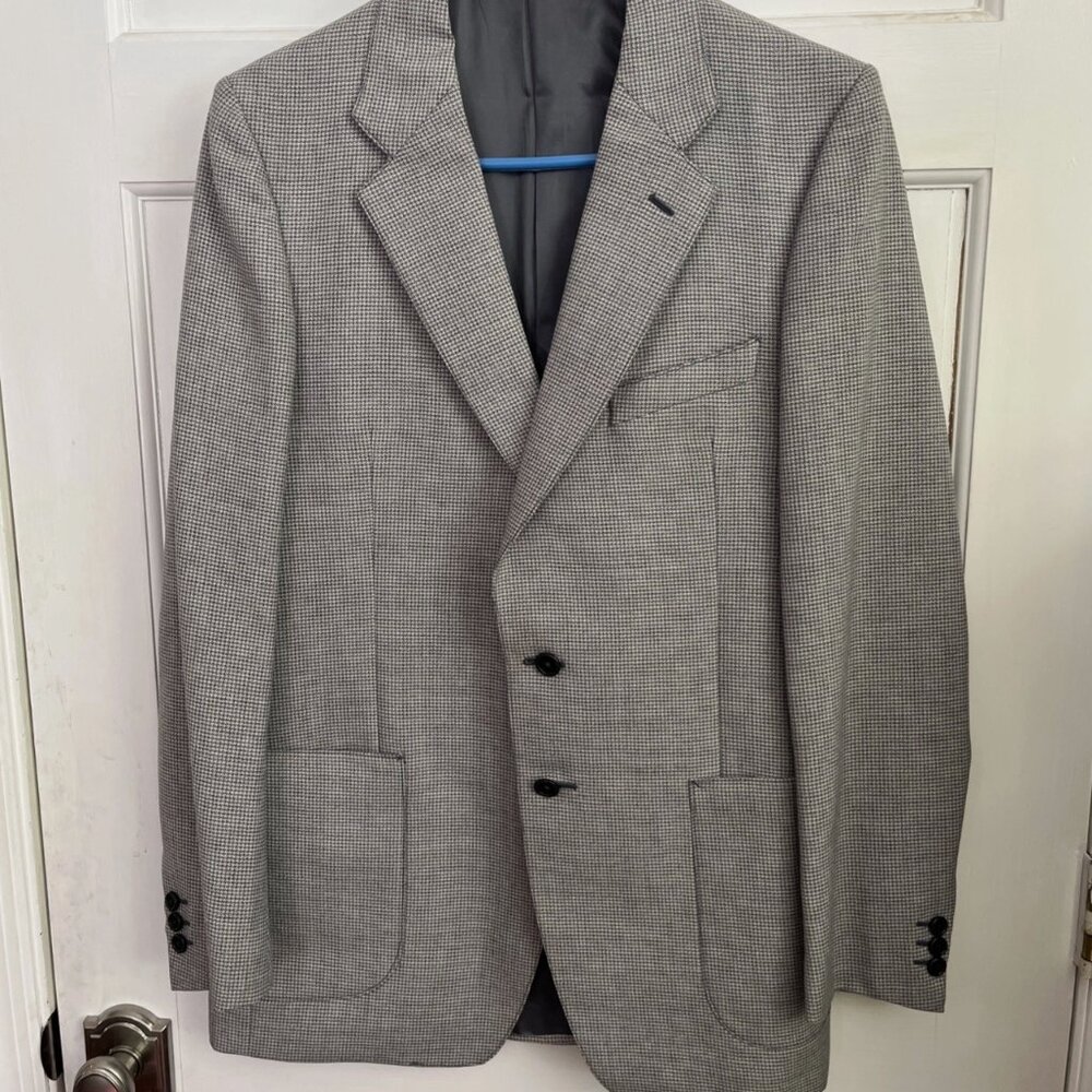 Vintage 80s JAEGER Blue Gray Houndstooth Wool Blend Blazer Sport Coat 36R 46 UK